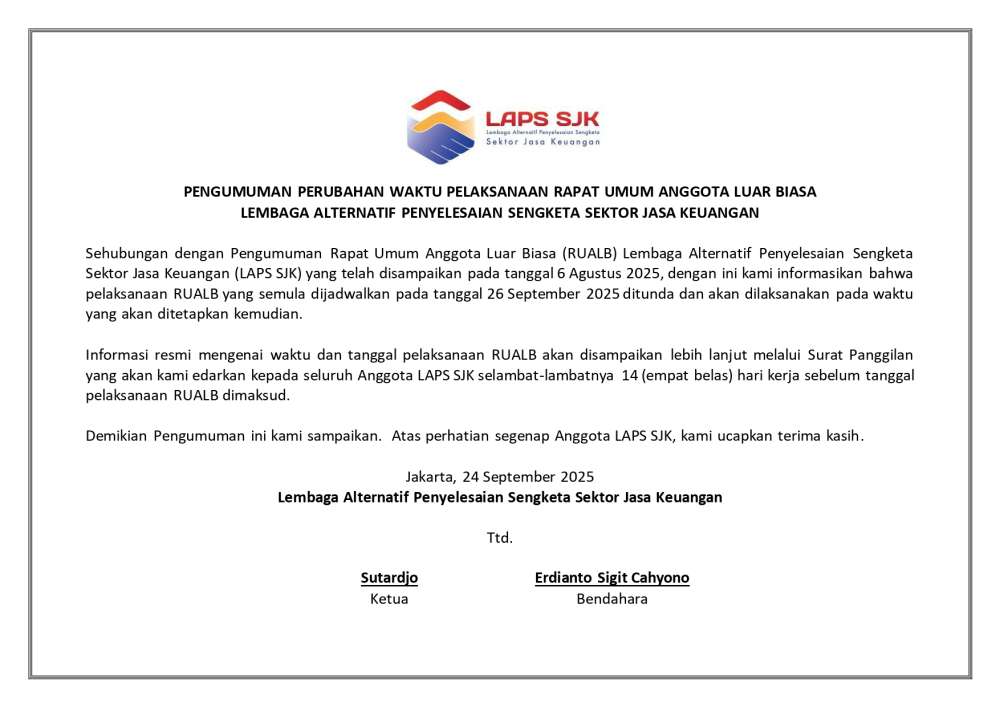 Pengumuman Perubahan Waktu Pelaksanaan Rapat Umum Anggota Luar Biasa LAPS SJK